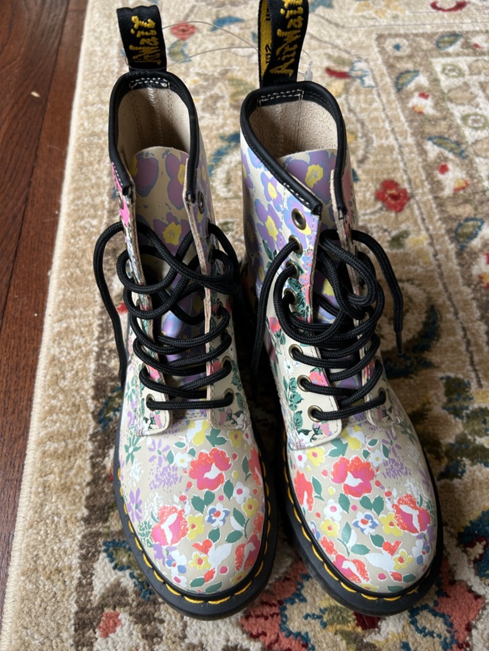 Dr. Martens White Floral Lace-Up Combat Boots with Black Laces